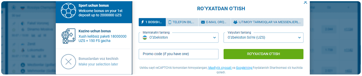 1xbet saytida ro'yxatdan o'tish