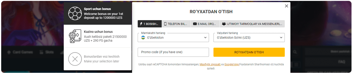 melbet ro'yxatdan o'tish